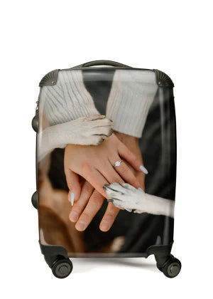 Custom luggage covers Canada featuring elegant design with hands and pets for stylish travel protection