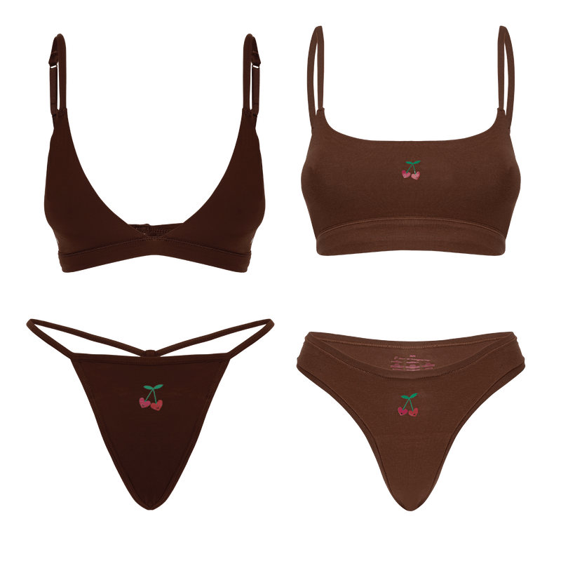 Teen swimwear collection featuring stylish one piece and two piece designs with cherry embroidery