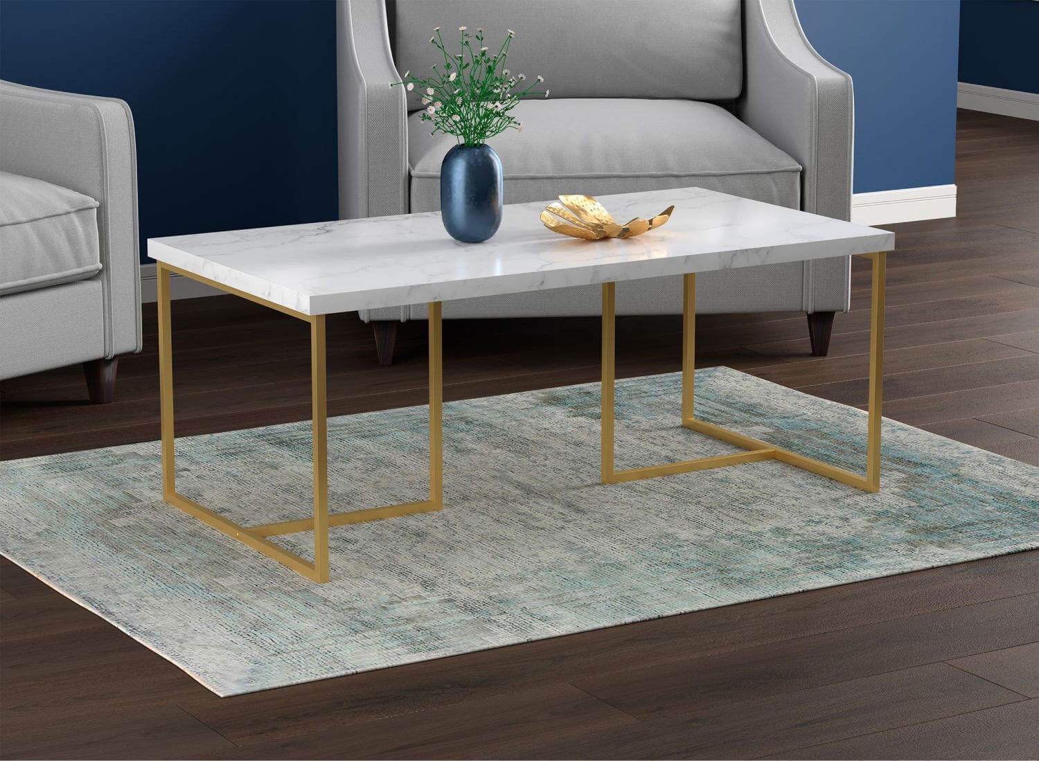 Stylish living room featuring Canadian home furnishings with a marble coffee table and modern seating
