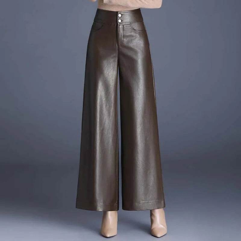 High Waist Thick Loose Big Leg Straight All-matching Wide Leg Leather trouser Pants For Women - www.Shopthatapp.com