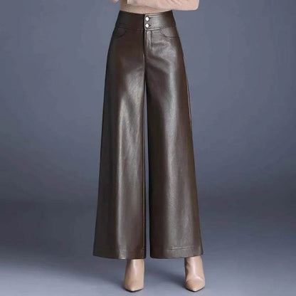 High Waist Thick Loose Big Leg Straight All-matching Wide Leg Leather trouser Pants For Women - www.Shopthatapp.com