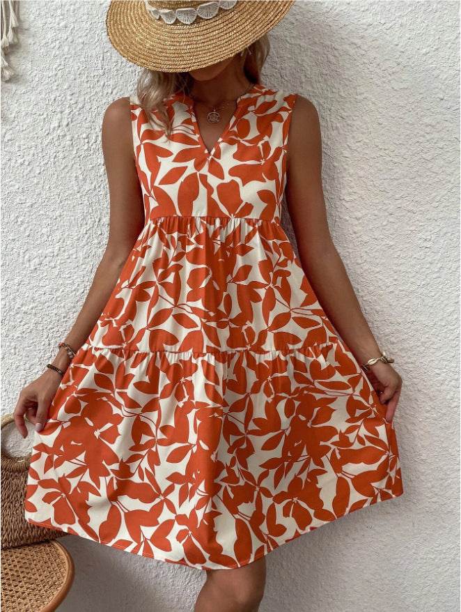 Bohemian Dresses Summer Beach Fashion Loose V-neck Pleated Print Sleeveless Dress For Women - www.Shopthatapp.com