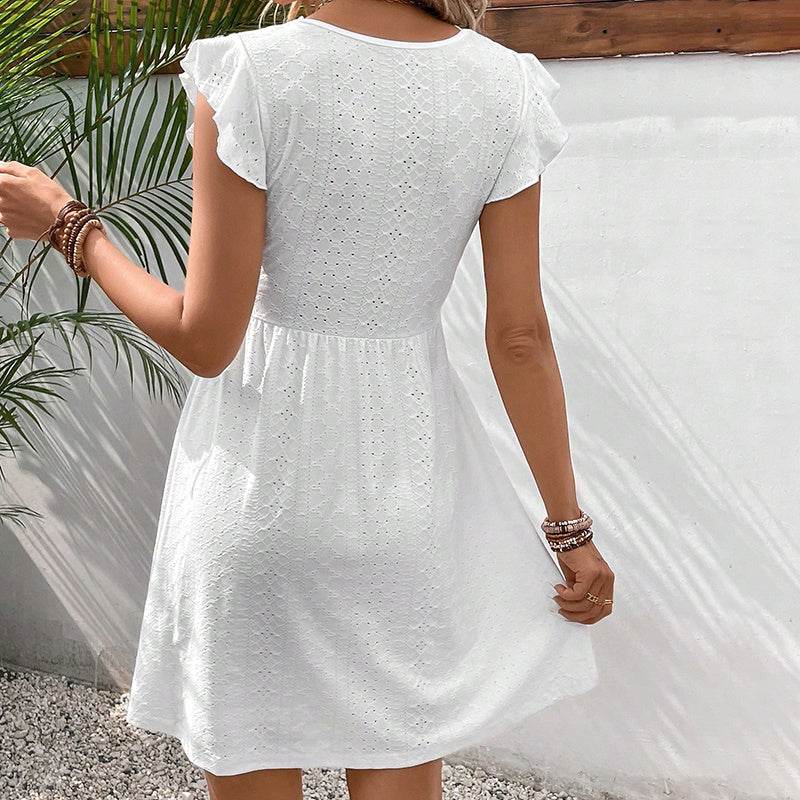 Women's V Neck Lace Mini Dresses Casual Summer Ruffle Sleeve Crochet Sundresses - www.Shopthatapp.com