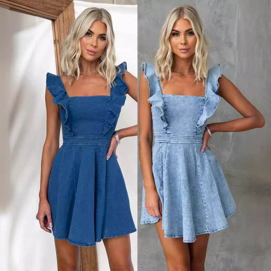 Women's Fashion Casual Denim Mini flared Dress - www.Shopthatapp.com