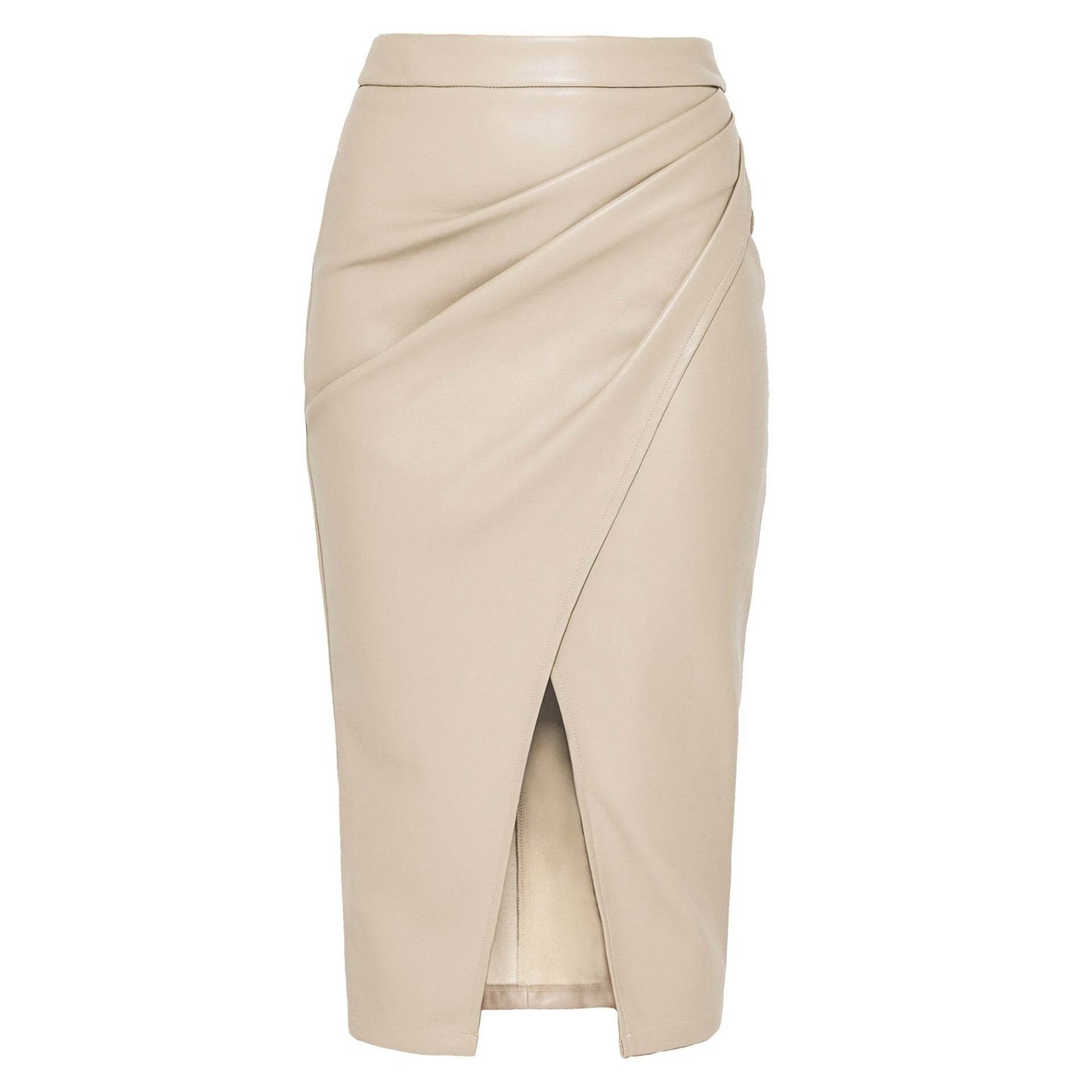 Women Formal Work Office Business High Waist Front Slit Midi Leather Skirt - www.Shopthatapp.com