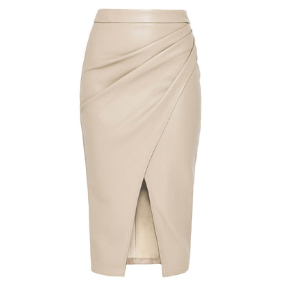 Women Formal Work Office Business High Waist Front Slit Midi Leather Skirt - www.Shopthatapp.com