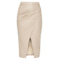 Women Formal Work Office Business High Waist Front Slit Midi Leather Skirt - www.Shopthatapp.com