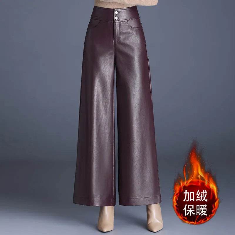 High Waist Thick Loose Big Leg Straight All-matching Wide Leg Leather trouser Pants For Women - www.Shopthatapp.com