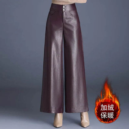 High Waist Thick Loose Big Leg Straight All-matching Wide Leg Leather trouser Pants For Women - www.Shopthatapp.com