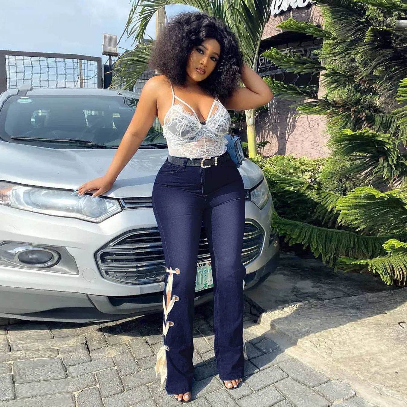 Solid Color Jeans Lace Up Bootcut Trousers - www.Shopthatapp.com