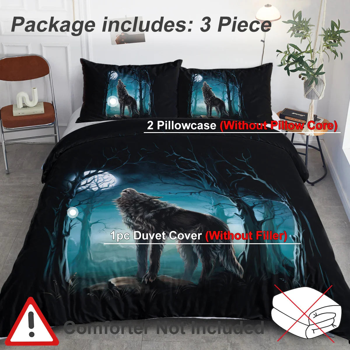 Moon Wolf Bedding Green Watercolor Forest Wolf Landscape Duvet Cover Sets 3 Pieces Wild Animal Bedding Set Twin Full Queen King Size - www.Shopthatapp.com