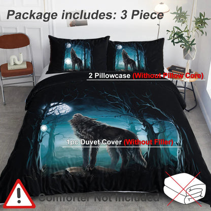 Moon Wolf Bedding Green Watercolor Forest Wolf Landscape Duvet Cover Sets 3 Pieces Wild Animal Bedding Set Twin Full Queen King Size - www.Shopthatapp.com