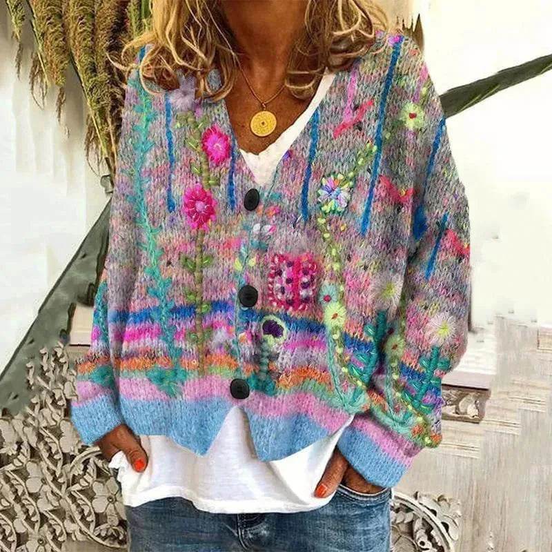 New Christmas Abstract Flowers Printing Sweater Fashion Casual Short Cardigan Coat Womens Clothing - www.Shopthatapp.com