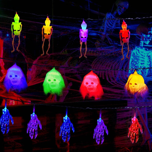 Set Of 3Pcs Halloween Light Decorations Total 50 LEDs 24ft Halloween String Lights Colorful 3D Skeleton Ghost String Lights Gauze Skull String Lights Spooky Hands String Lights For Indoor Outdoor Part - www.Shopthatapp.com
