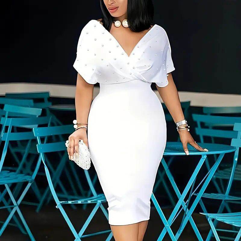 Women's Back Zipper dress Elegant Deep V Neck Wrap Bodycon Dress Pencil Midi Dress - www.Shopthatapp.com
