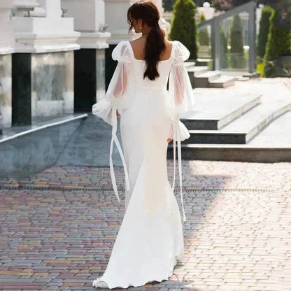 Women's Ruffled Long Sleeve Banquet Temperament High Waist Mop White Wedding  Party Fish Tail Styled  Dress Mermaid Dress - www.Shopthatapp.com