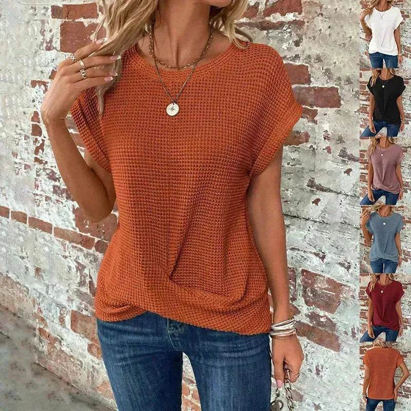 Casual Summer Short-sleeved Waffle blouse Top Summer New Solid Color Casual Evening Top For Women - www.Shopthatapp.com
