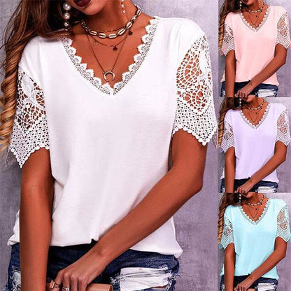 Summer Lace Tops Loose V Neck Short Sleeve Casual top - www.Shopthatapp.com