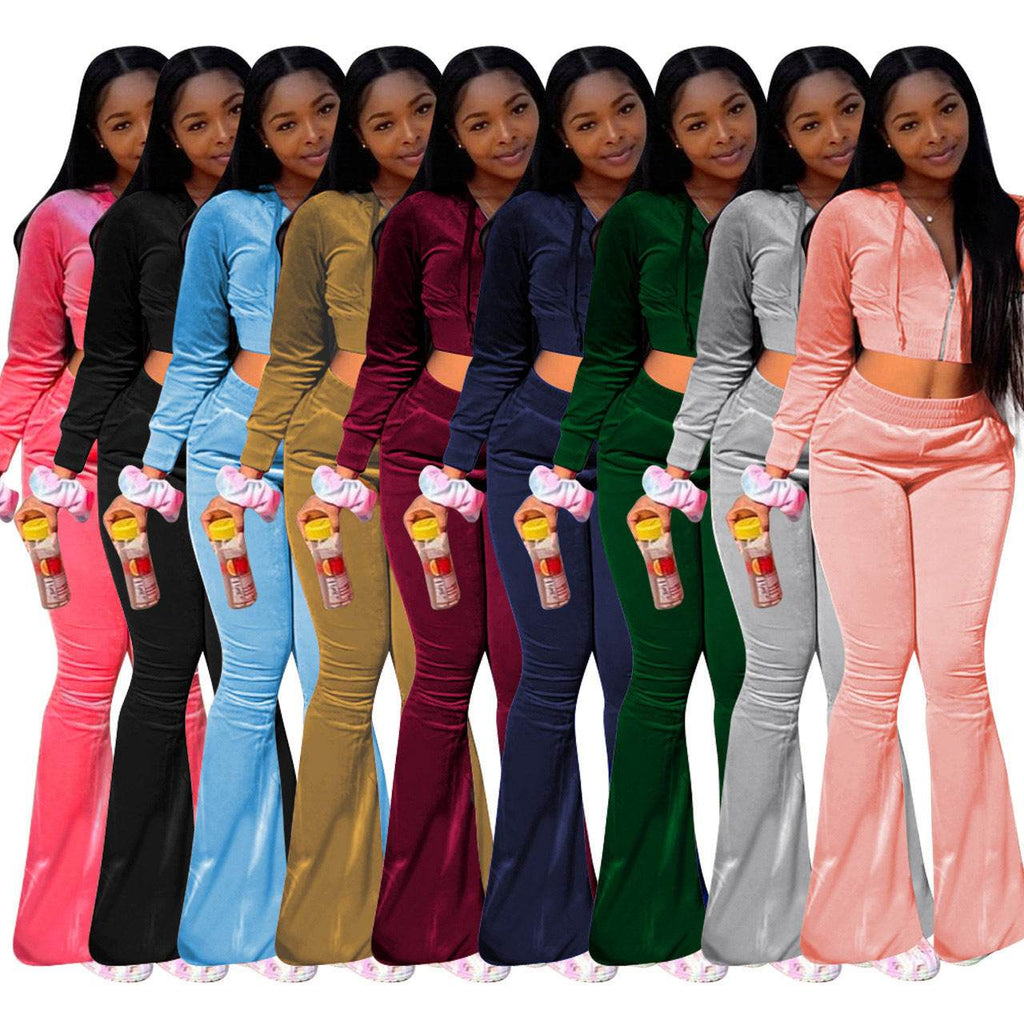 Women 2pcs Velvet Hoodie Wide leg Pant Crop top sweatsuit Athleisure Outfit - www.Shopthatapp.com