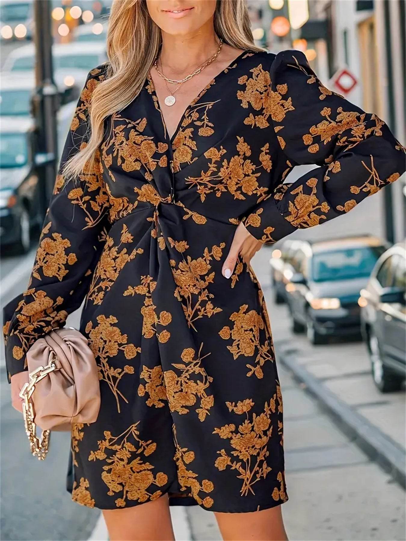 Casual Spring V-neck long sleeve Floral mini dress - www.Shopthatapp.com