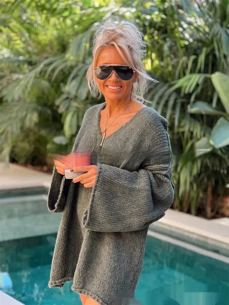 Women's Fashion V-neck Long-sleeve Knitwear 2-color Sweater dress - www.Shopthatapp.com