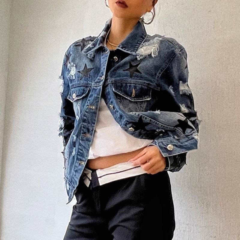 Lapel Star Patch Shredded Single Breasted Denim Jacket For Women - www.Shopthatapp.com
