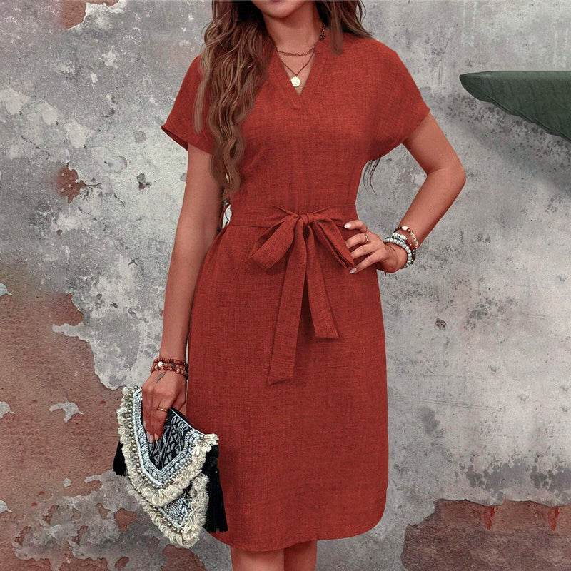 tie belt dress & Elegant V Neck Short Sleeve Casual Summer - www.Shopthatapp.com
