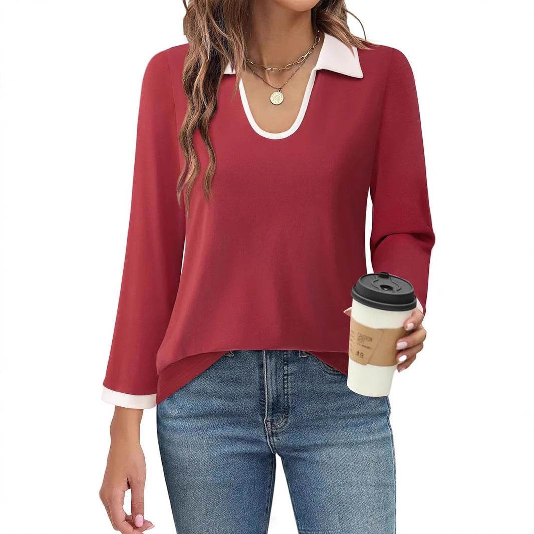 Casual Color Matching Lapel Long Sleeve Blouse Top Women - www.Shopthatapp.com
