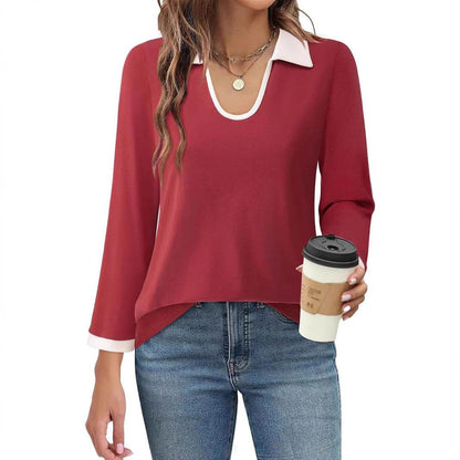Casual Color Matching Lapel Long Sleeve Blouse Top Women - www.Shopthatapp.com