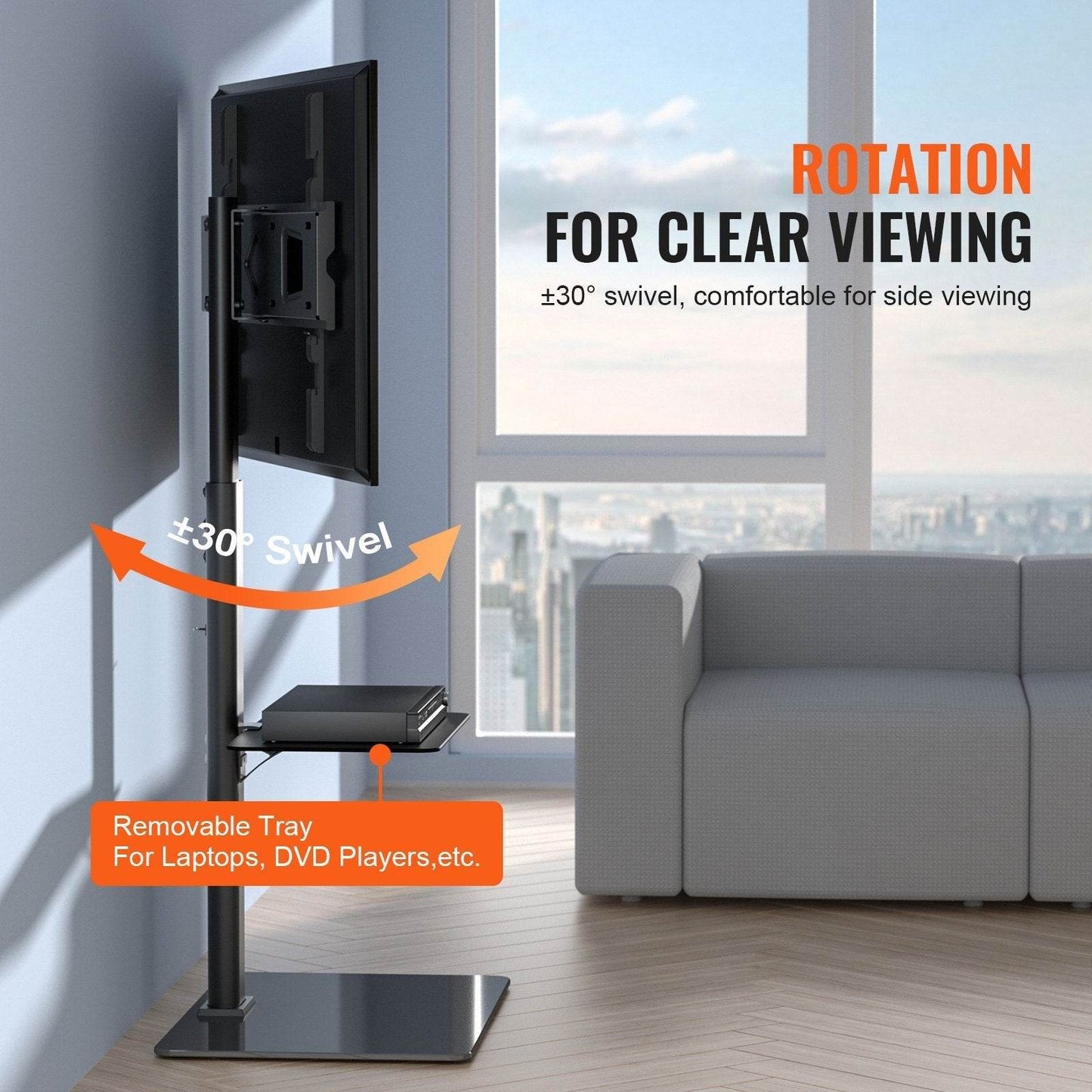 TV Stand Mount, Swivel Tall TV Stand For 32 To 65 Inch TVs, Height Adjustable Portable Floor TV Stand With Tempered Glass Base For Bedroom, Living Room - www.Shopthatapp.com