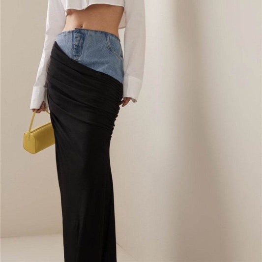Fashion Black Panel Long Pencil Denim Skirt - www.Shopthatapp.com