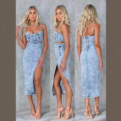 Women's Fashion Personalized Sleeveless Sling Denim Split Midi fitted Dress - www.Shopthatapp.com