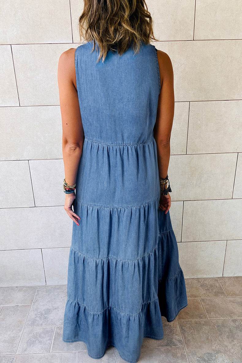 Women's Sleeveless Denim Fashion Retro High Waist Layered Dress - www.Shopthatapp.com