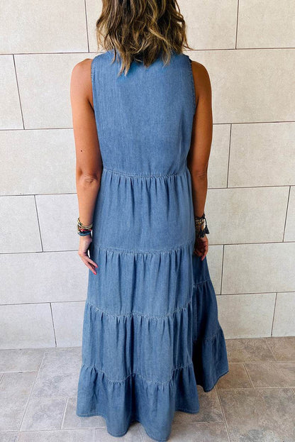 Women's Sleeveless Denim Fashion Retro High Waist Layered Dress - www.Shopthatapp.com