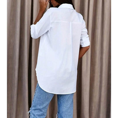 Women's Casual Long Sleeve Button-Down Shirt With Roll-Up Sleeves, Stylish Mid-Length Blouse For Everyday Wear - www.Shopthatapp.com