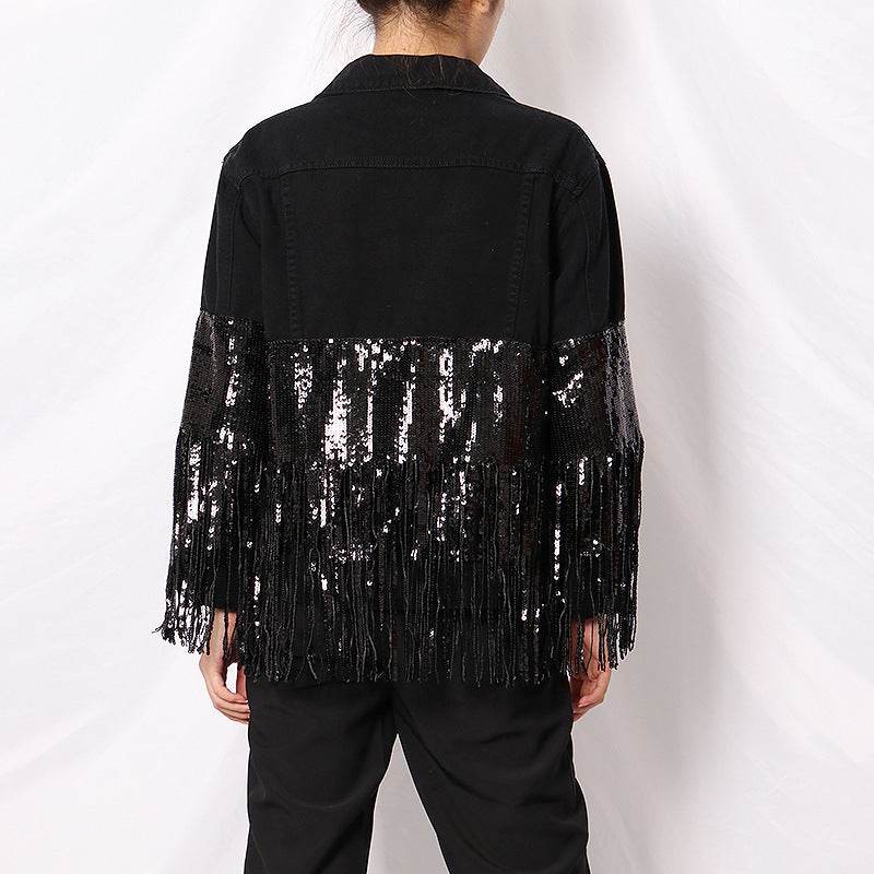 Lapel Pocket Heavy Industry Sequins Tassel  Loose Ripped Denim Jacket Women - www.Shopthatapp.com