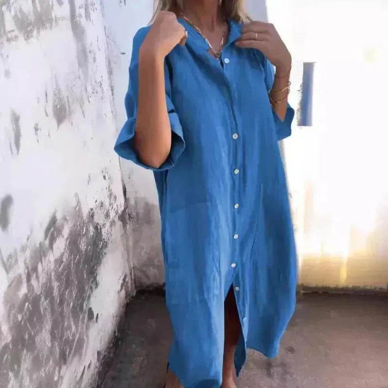 Women Loose Casual Half Sleeve Cotton Linen Buttoned down  Shirt Dress - www.Shopthatapp.com