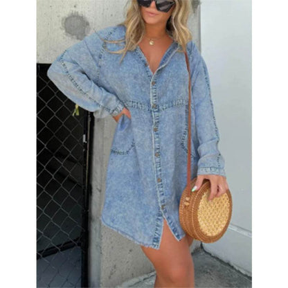 Women's Denim Washed Loose Shirt Dress - www.Shopthatapp.com