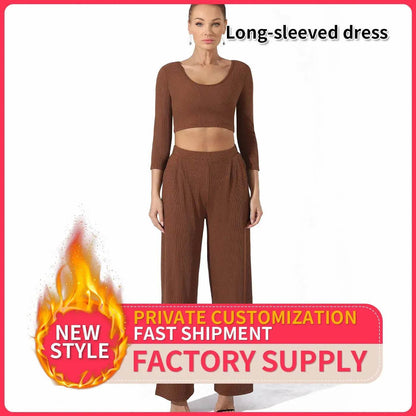 Women Fashion Casual Matching 2pcs set Long Sleeve Crop top and Pant set - www.Shopthatapp.com