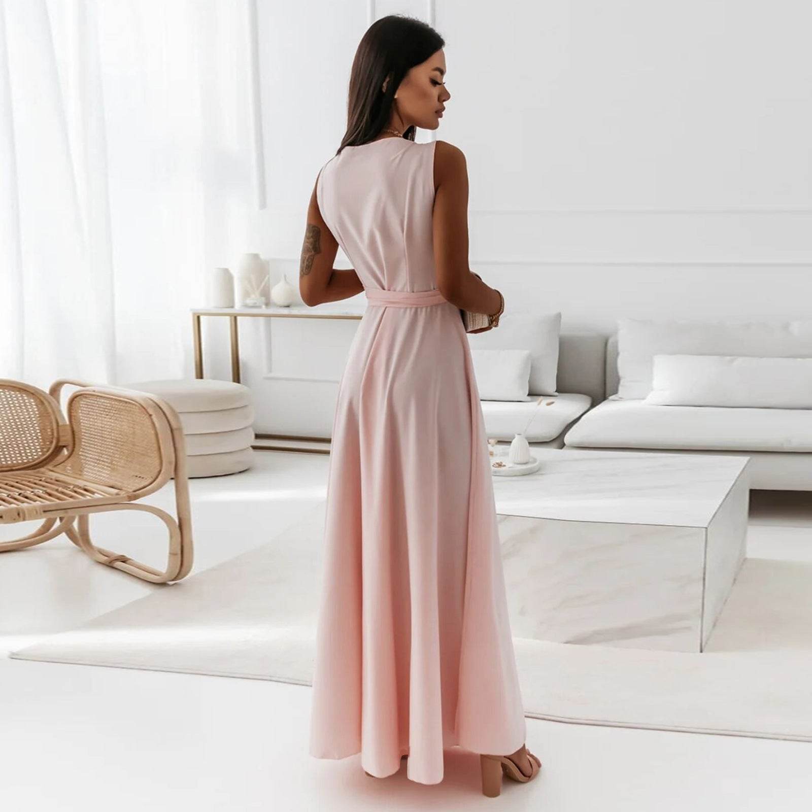 V-neck Sleeveless Dress With Belt Summer Fashion. - www.Shopthatapp.com