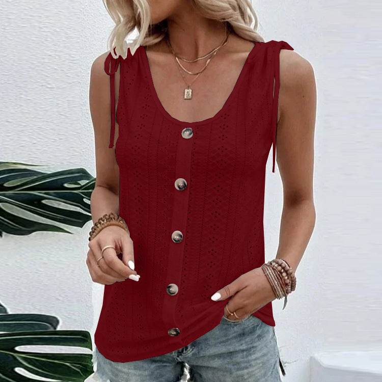 Casual summer U-neck Vest Women Shoulder With Bow Tie Summer blouse top - www.Shopthatapp.com
