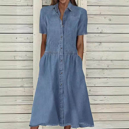 Women's European And American Lapel Casual loose button down Midi Denim jeans Mum Dress - www.Shopthatapp.com