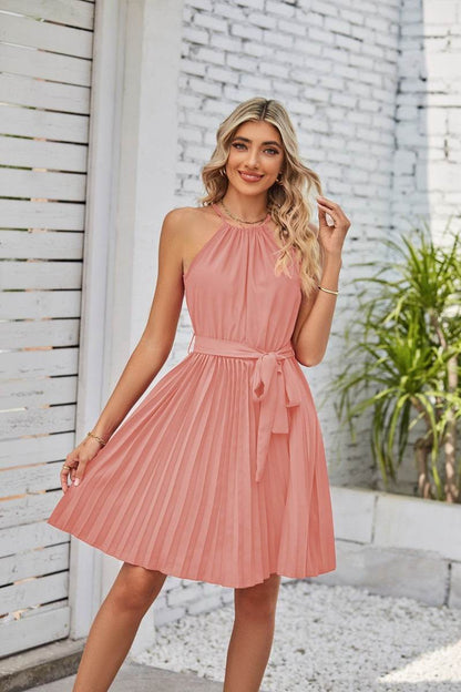 Halter Strapless Dresses For Women Solid Pleated Skirt Summer Beach Sundress - www.Shopthatapp.com