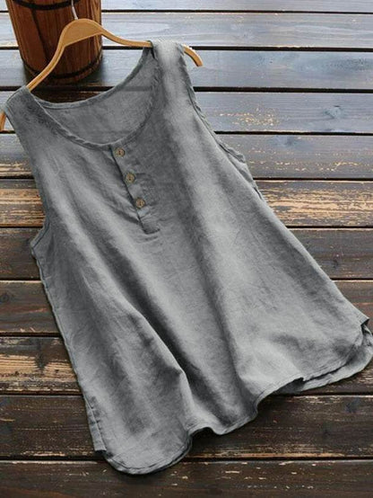 Solid Color Round Neck Loose Casual Vest Cotton Linen summer blouse top for Women - www.Shopthatapp.com