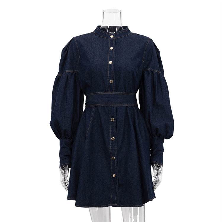 Classy Fashion Lantern Sleeve Button down Denim Shirt flared Mini Dress - www.Shopthatapp.com