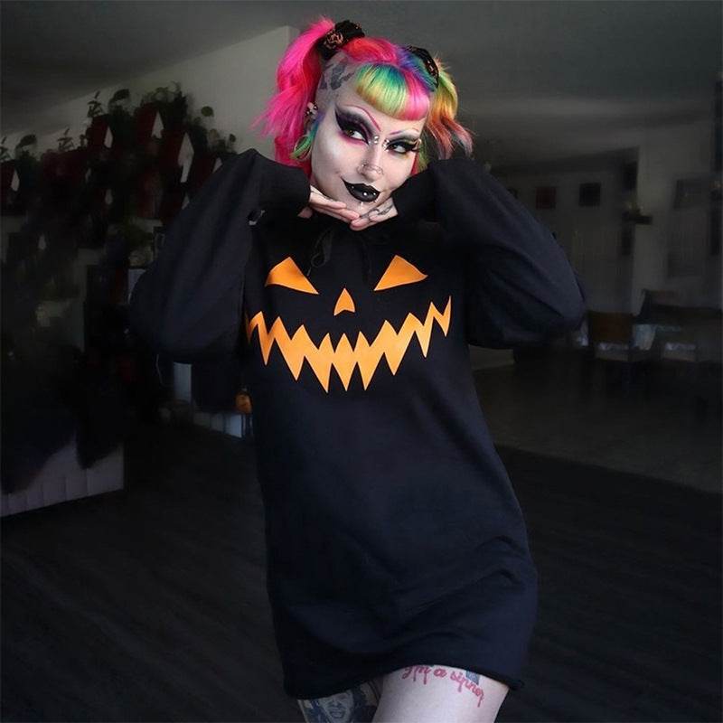 Halloween Costume Pumpkin Print Long Sleeve Hoodie Dress - www.Shopthatapp.com
