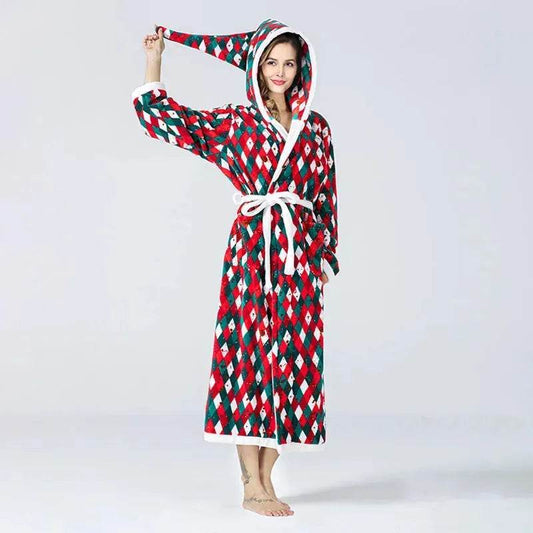 Christmas Sleepwear Women Fleece Hooded Bathrobe Plush Long Robe Winter - www.Shopthatapp.com