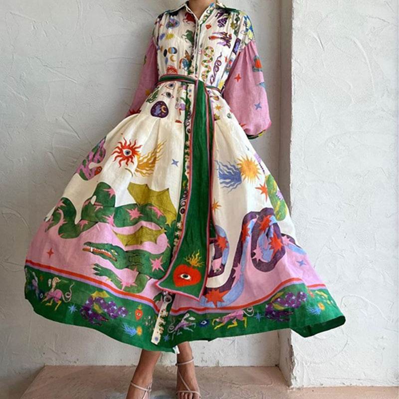 Print Holiday Women Beach Dress With Belts A-Line Long Lantern Sleeve Single Breasted Lapel Seaside Dresses Robe - www.Shopthatapp.com