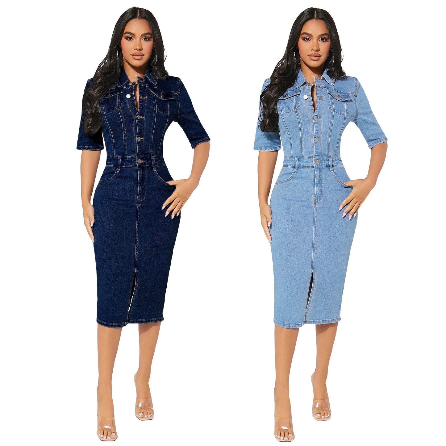 Women's Fashion Personality fitted Denim Hip-wrapped Jeans Midi straight cut front split Dress - www.Shopthatapp.com