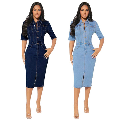 Women's Fashion Personality fitted Denim Hip-wrapped Jeans Midi straight cut front split Dress - www.Shopthatapp.com